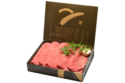 大和榛原牛A5霜降りモモ肉 すき焼き用 シート巻き 化粧箱入